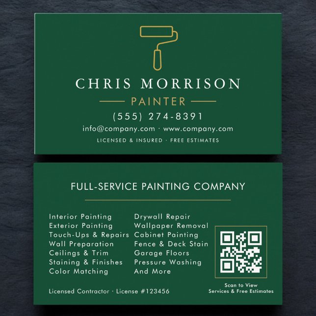 Carte De Visite Code QR Green Gold Peintre Moderne (Créateur téléchargé)