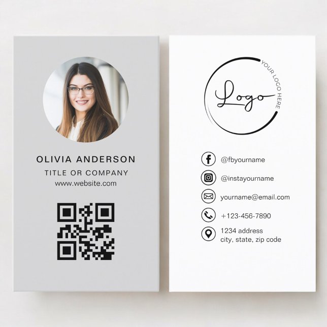 Carte De Visite Code QR gris de photo professionnelle pour les méd (Créateur téléchargé)