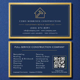 Carte De Visite Code QR Homme tout faire Bleu marine Or Métal