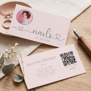 Carte De Visite Code QR Icônes Sociales Ongles Photo Rose Pâle