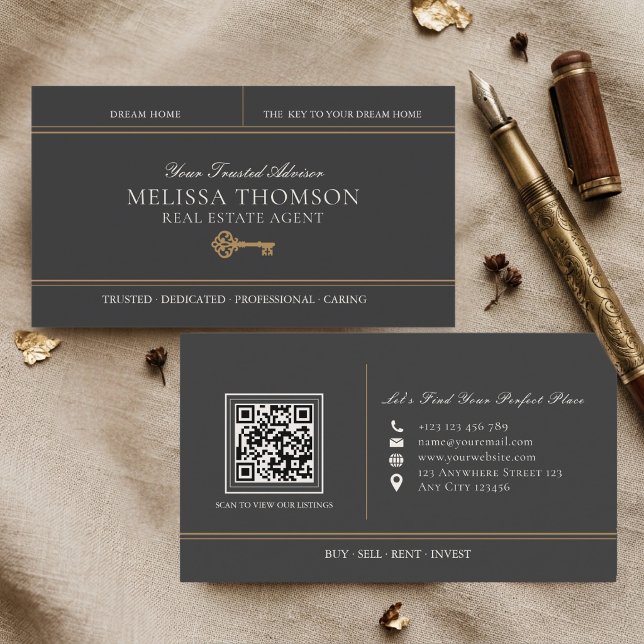 Carte De Visite Code QR immobilier élégant luxe noir or (Créateur téléchargé)