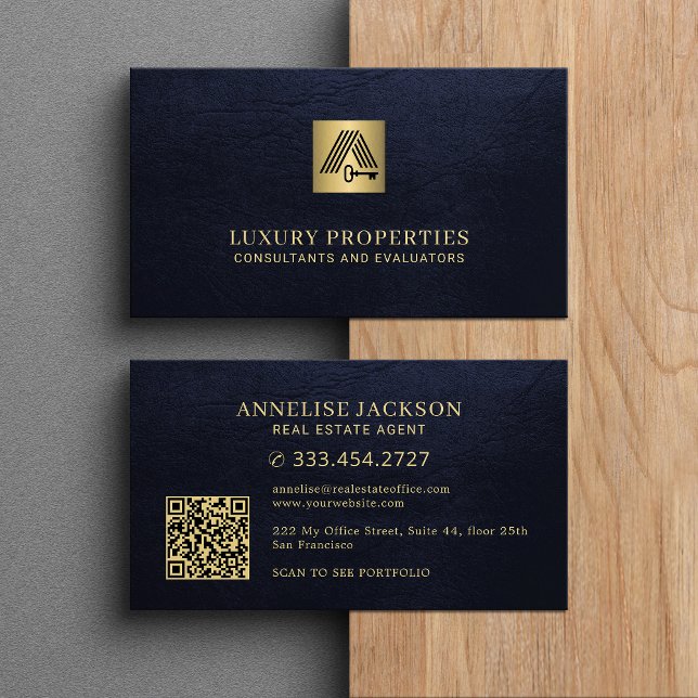 Carte De Visite Code QR immobilier logo maison bleu marine or  (Créateur téléchargé)