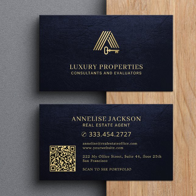 Carte De Visite Code QR immobilier logo maison or marine (Créateur téléchargé)