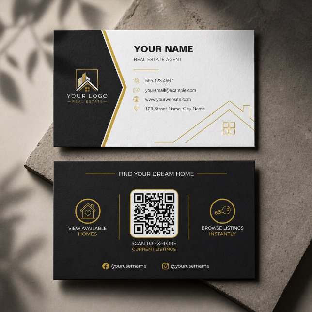 Carte De Visite Code QR Immobilier Moderne Or Noir Luxe (Luxury Black & Gold Real Estate QR Code Business Card | Modern Realtor Branding)