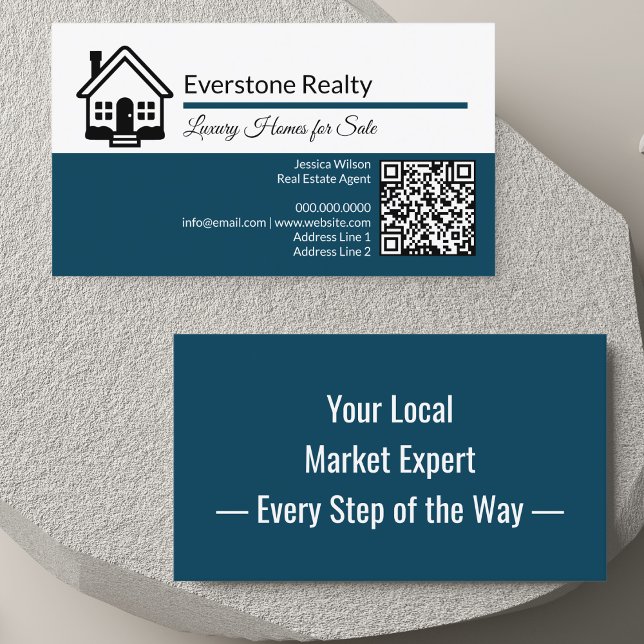 Carte De Visite Code QR immobilier professionnel  (Modern real estate business card with home logo, QR code, custom details & catchy back hook design.)