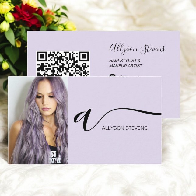 Carte De Visite Code qr initial de la photo de maquillage de cheve (Lavender hair makeup photo initial qr code business card)