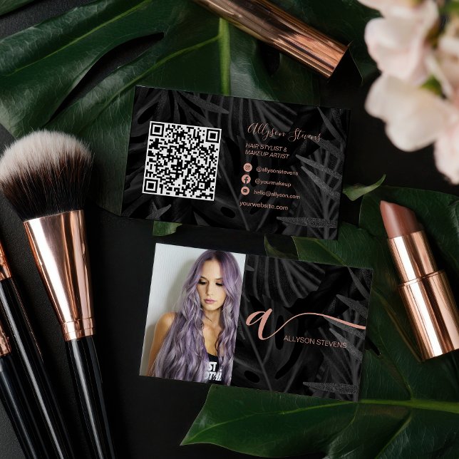 Carte De Visite Code QR initial de maquillage de cheveux tropicaux (Black Tropical hair makeup photo initial qr code Business Card)
