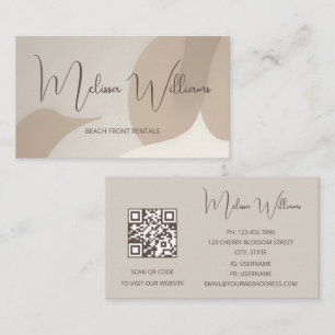 Carte De Visite Code QR Initiales d'art Abstrait beige