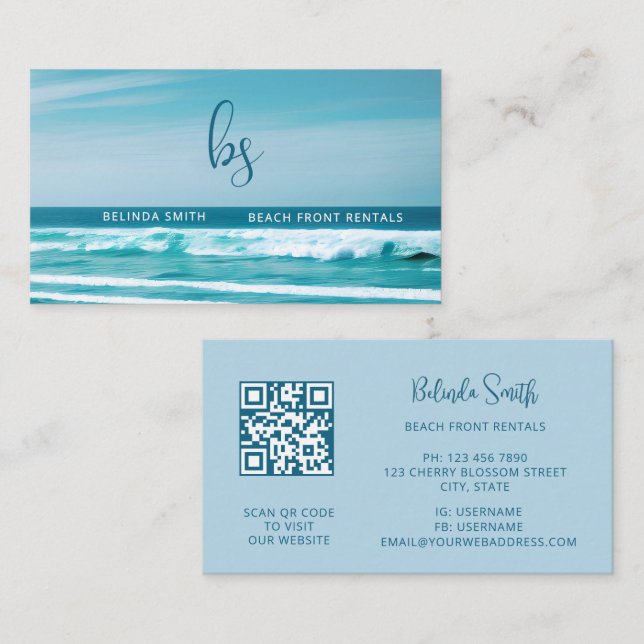 Carte De Visite Code QR Initiales de la vague océanique (Devant / Derrière)