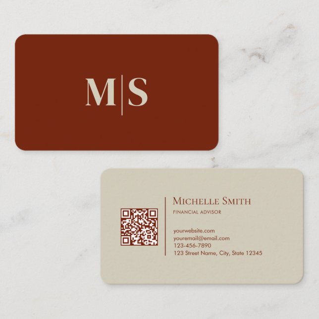 Carte De Visite Code QR Initiales Terracotta Beige Naturel Simple (Devant / Derrière)