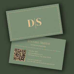 Carte De Visite Code QR initiales vert foncé minimaliste naturel