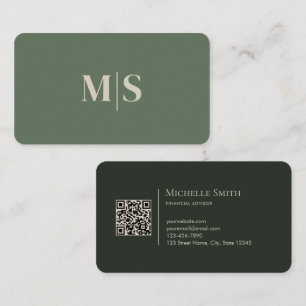 Carte De Visite Code QR initiales vert olive minimaliste moderne