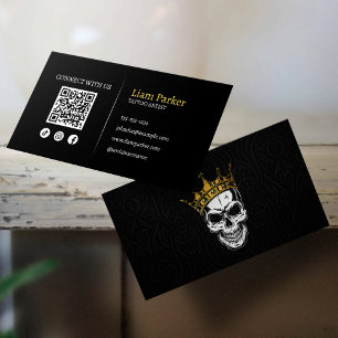 Carte De Visite Code QR Instagram Crâne Artiste Tatouage Noir, Or