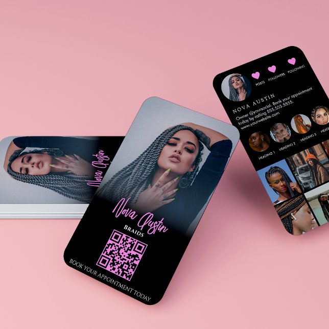 Carte De Visite Code QR Instagram Tressé Cheveux Hot Rose Et Noir (Créateur téléchargé)
