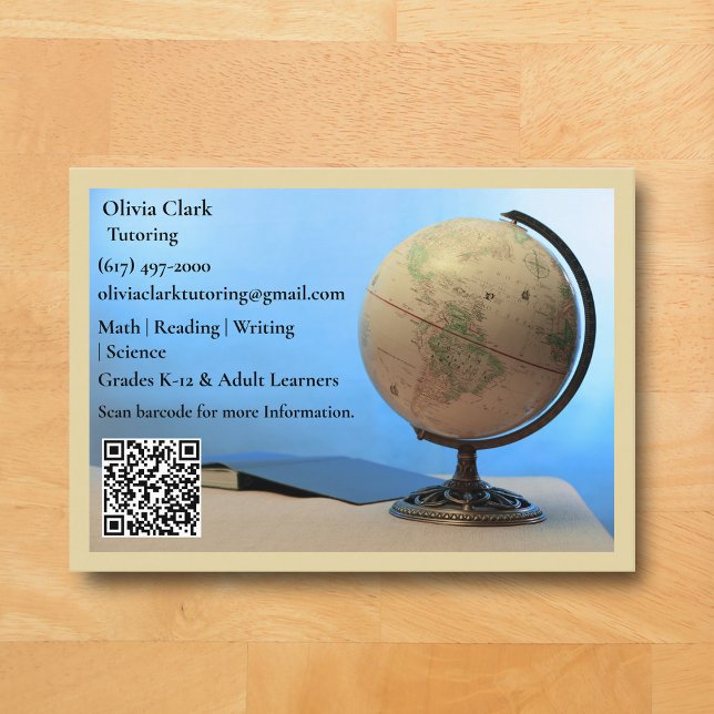 Carte De Visite Code QR jaune Professeur Globe Livre Salle de clas (Light Yellow Globe Business Card for Teacher )