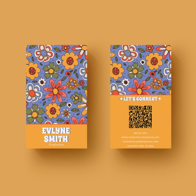 Carte De Visite Code QR jaune rétro Super Floral tendance (Créateur téléchargé)