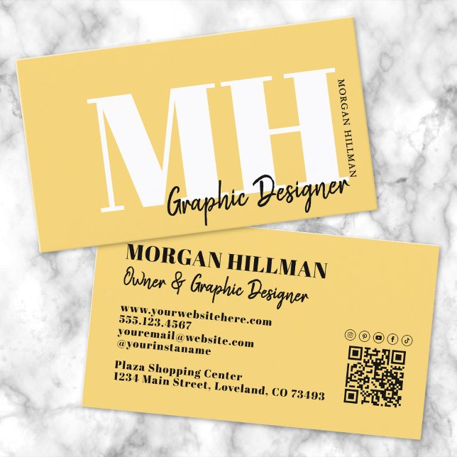 Carte De Visite Code QR jaune Simple Monogramme (Yellow QR Code Simple Monogram Business Card)