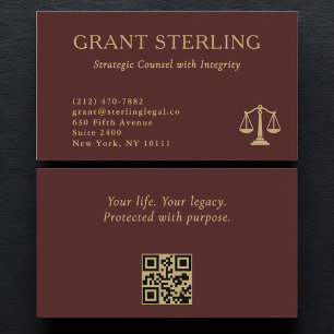 Carte De Visite Code QR juridique échelle de justice Bourgogne Or
