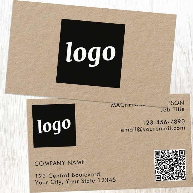 Carte De Visite Code QR Kraft simple logo et texte (Logo with QR code and custom text Kraft business cards)