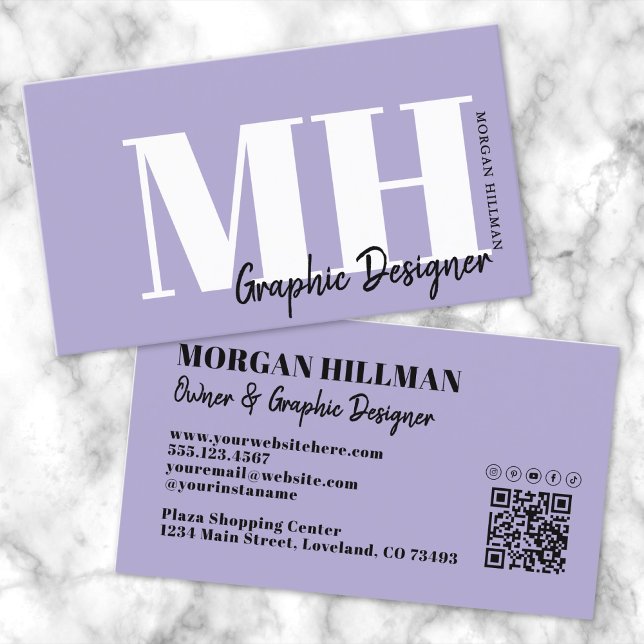 Carte De Visite Code QR Lavande Monogramme Violet (Lavender QR Code Purple Monogram Business Card )