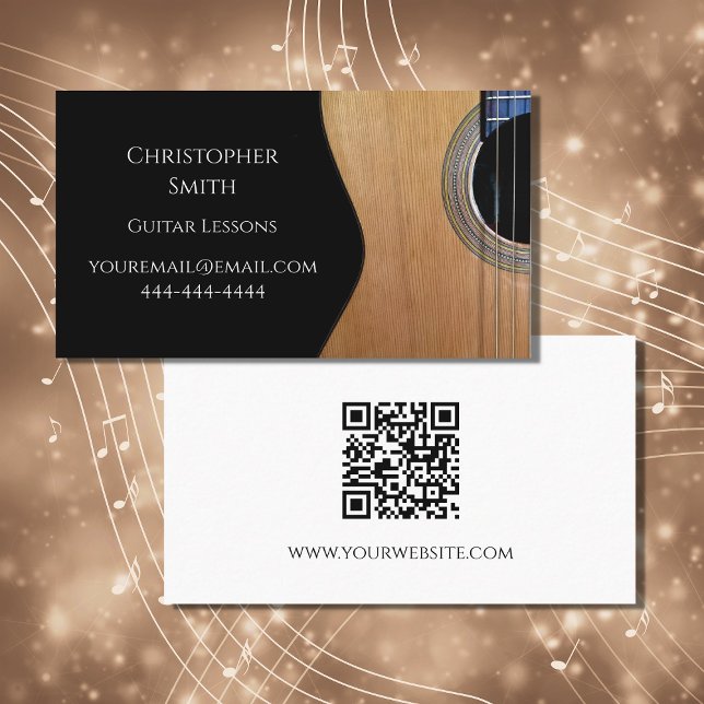Carte De Visite Code QR Leçons de musique Guitare Noir Blanc (Créateur téléchargé)