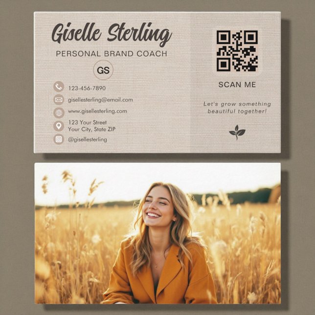 Carte De Visite Code QR Lin Photo Monogramme Réseaux Sociaux  (Créateur téléchargé)