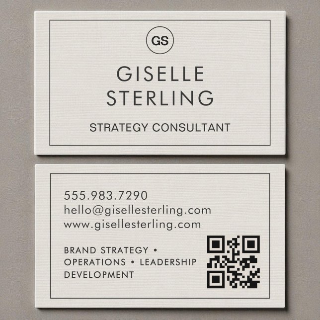 Carte De Visite Code QR Linen Monogram Moderne (Créateur téléchargé)