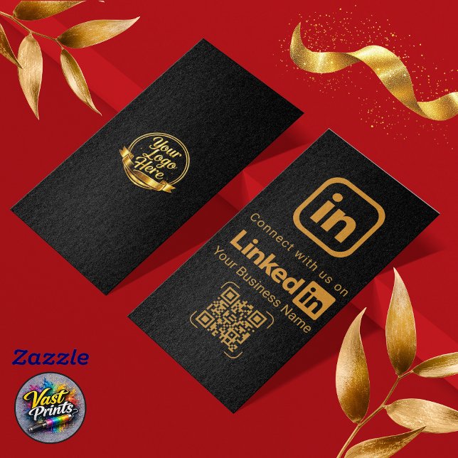 Carte De Visite Code QR LinkedIn élégant en noir et or (Elegant Black Gold LinkedIn QR Code Business Card)