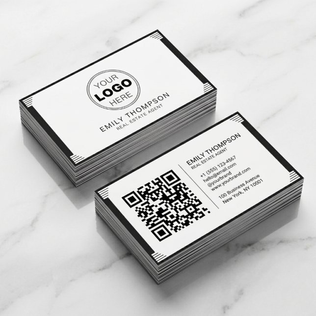 Carte De Visite Code QR Logo Art Déco Minimaliste Noir et Blanc (Minimalist Art Deco Real Estate Business Card Design with QR Code)