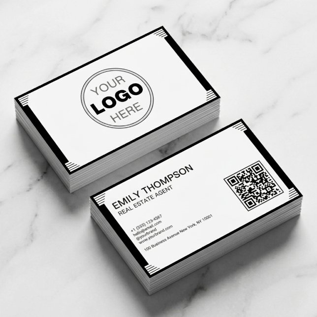 Carte De Visite Code QR Logo Art Déco Noir Blanc Minimaliste (Modern Minimalist Real Estate Business Card with QR Code | Art Deco Branding)