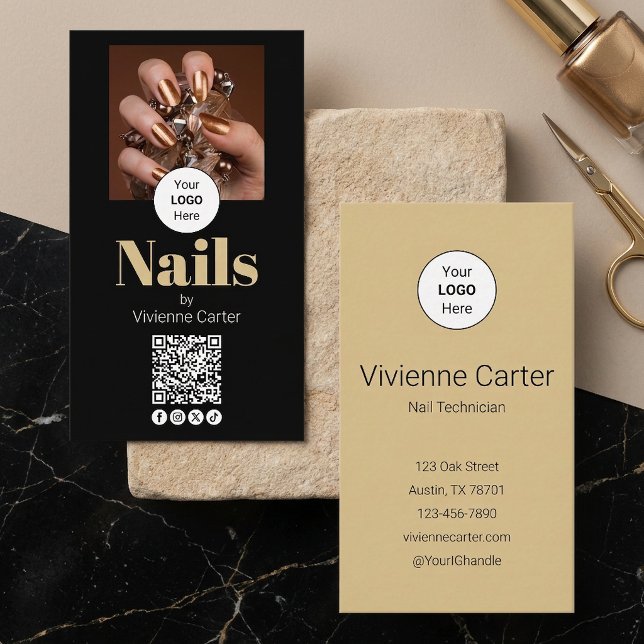 Carte De Visite Code QR Logo Black Gold Photo Salon de Manucure (Black Gold Logo QR Code Photo Nail Salon Business Card)