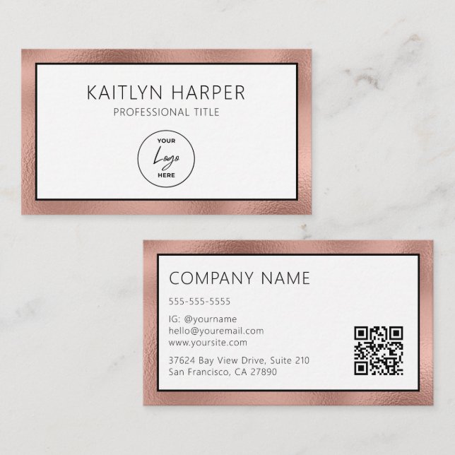 Carte De Visite Code QR Logo Bordé de Feuille d'Or Rose Élégant (Devant / Derrière)