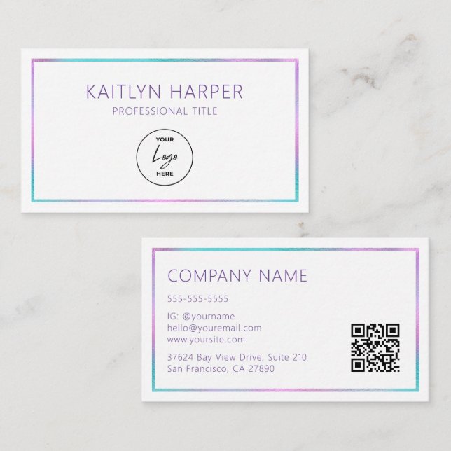 Carte De Visite Code QR Logo Cadre Feuille de Purple Teal Élégant (Devant / Derrière)