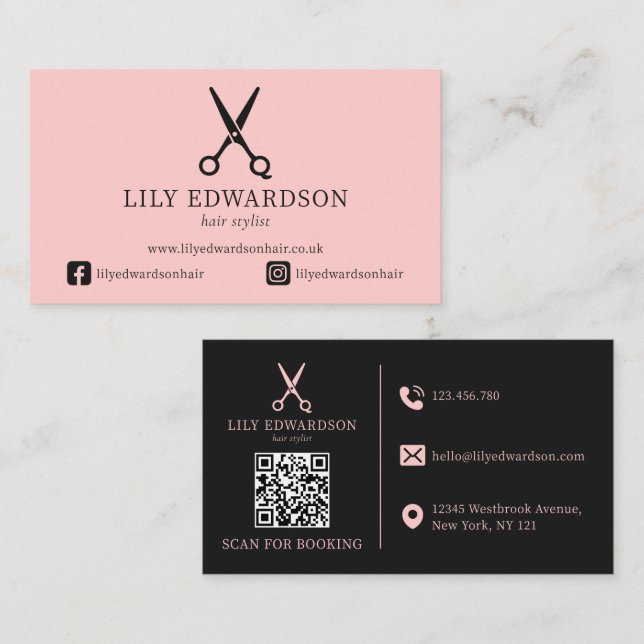 Carte De Visite Code QR Logo Ciseaux Élégants Rose pour Coiffeur (Devant / Derrière)