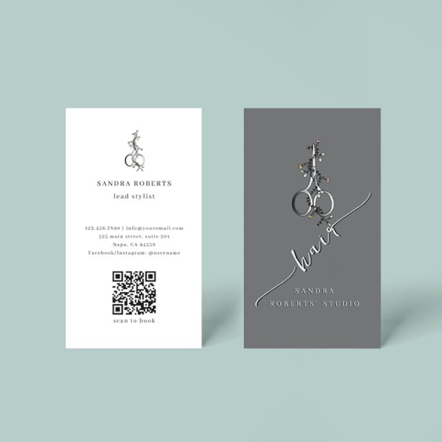 Carte De Visite Code QR Logo Ciseaux Floraux Élégants Uniques (Créateur téléchargé)