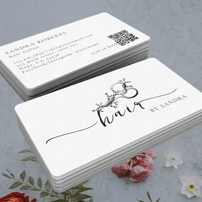 Carte De Visite Code QR Logo Ciseaux Floraux Élégants Uniques (Créateur téléchargé)