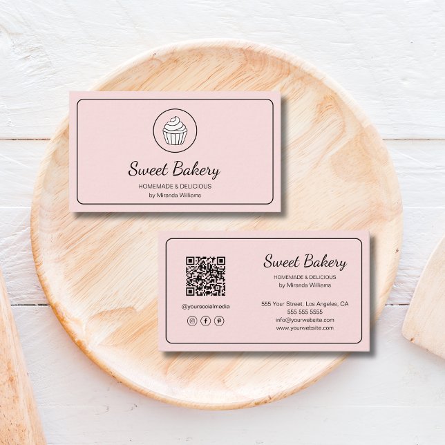 Carte De Visite Code QR Logo de Boulangerie Moderne Rose (Modern Bakery Logo QR Code Pink Business Card)