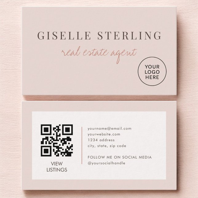 Carte De Visite Code QR Logo de l'Agent Immobilier Rose Pâle (Créateur téléchargé)