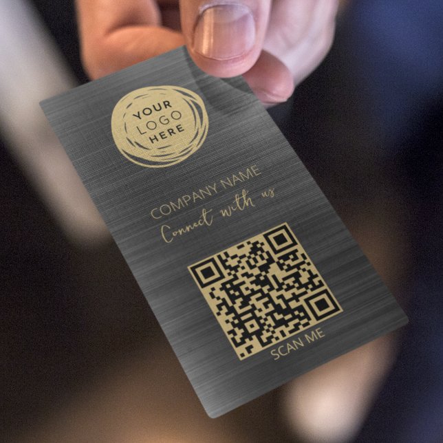 Carte De Visite Code QR Logo d'entreprise Noir Brossé (Créateur téléchargé)
