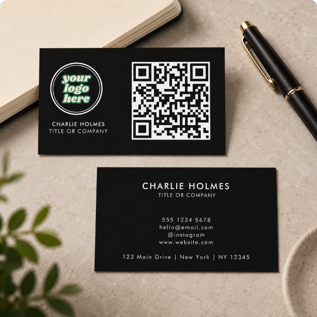Carte De Visite Code QR Logo d'entreprise | Noir Moderne Professio (QR Code Business Logo | Black Modern Professional Card)