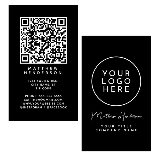 Carte De Visite Code QR Logo d'entreprise Sleek Black Professional (Créateur téléchargé)