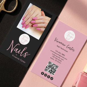Carte De Visite Code QR Logo Écriture Manuscrite Rose Noir Photo S