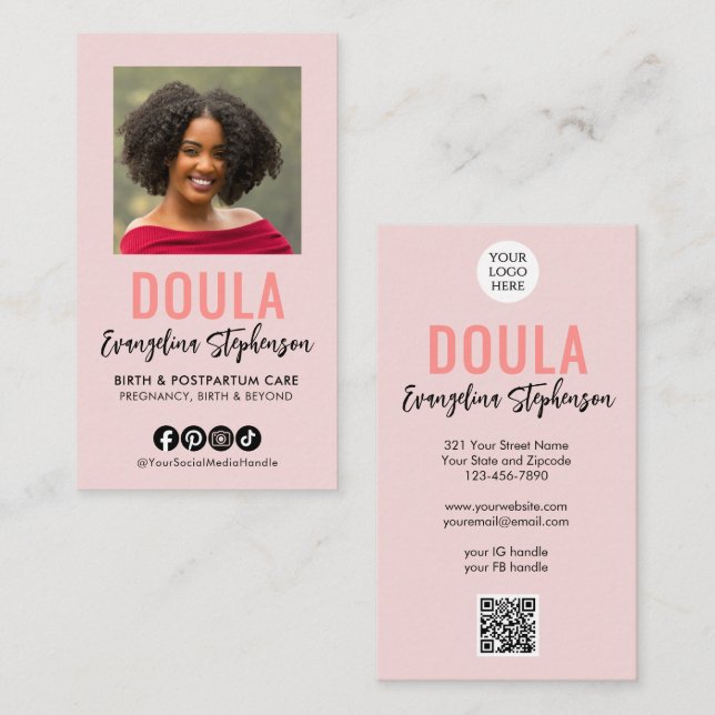 Carte De Visite Code QR Logo Écriture Rose Pâle Photo DOULA (Devant / Derrière)
