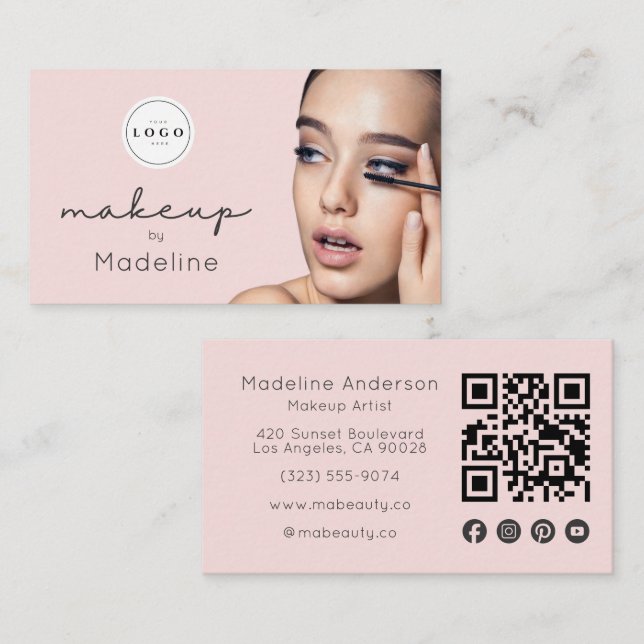 Carte De Visite Code QR Logo Écriture Rose Pâle Photo Maquillage (Devant / Derrière)