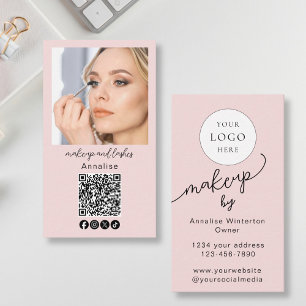 Carte De Visite Code QR Logo Écriture Rose Pâle Photo Maquillage