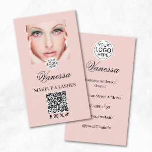 Carte De Visite Code QR Logo Écriture Rose Pâle Photo Maquillage