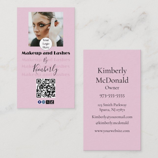 Carte De Visite Code QR Logo Écriture Rose Pâle Photo Maquillage/C (Devant / Derrière)