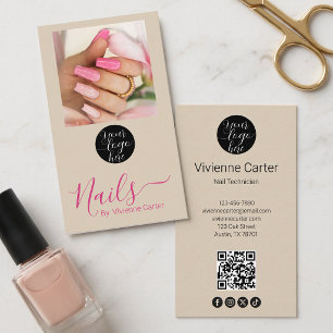 Carte De Visite Code QR Logo Écriture Rose Tan Photo Salon de Manu