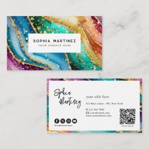 Carte De Visite Code QR & Logo Élégant Agate arc-en-ciel Paillette