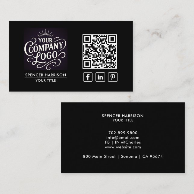 Carte De Visite Code QR Logo Entreprise Moderne Professionnel Noir (Devant / Derrière)